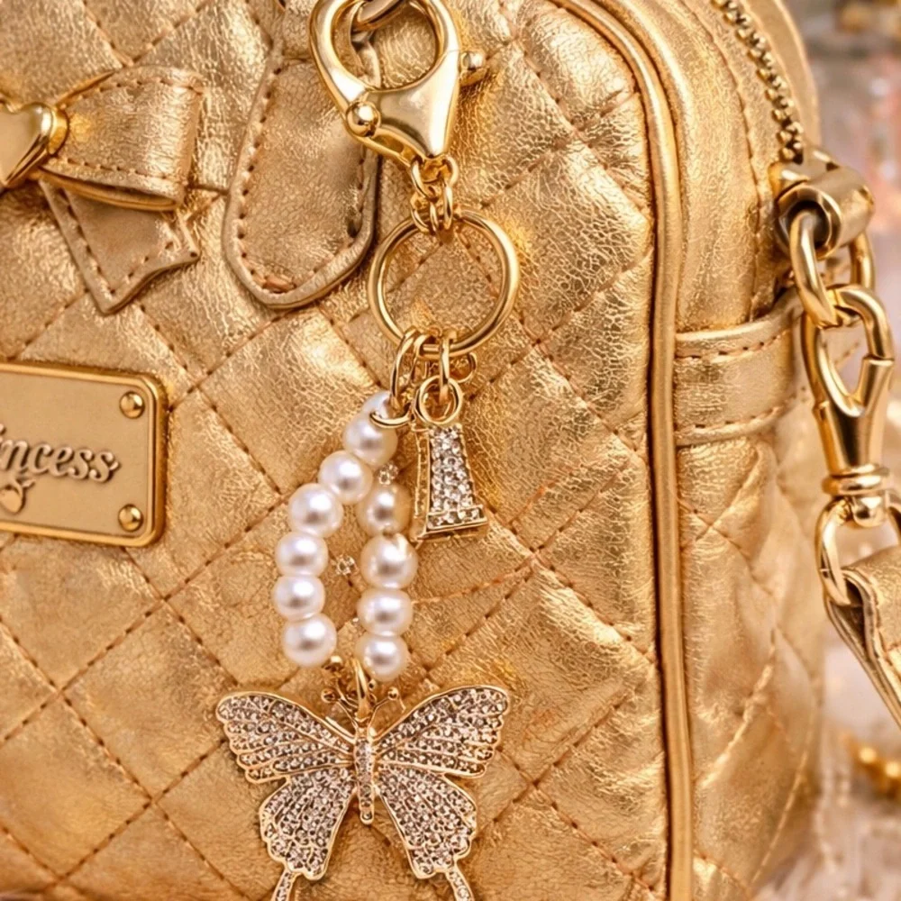 Pearl Butterfly Eiffel Tower Keychain Bag Charm Gold Tone i